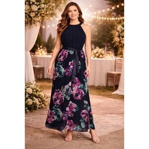 Ignite Evenings NY Womens Dress 12 Navy Floral Halter Neck Maxi Evening Cocktail